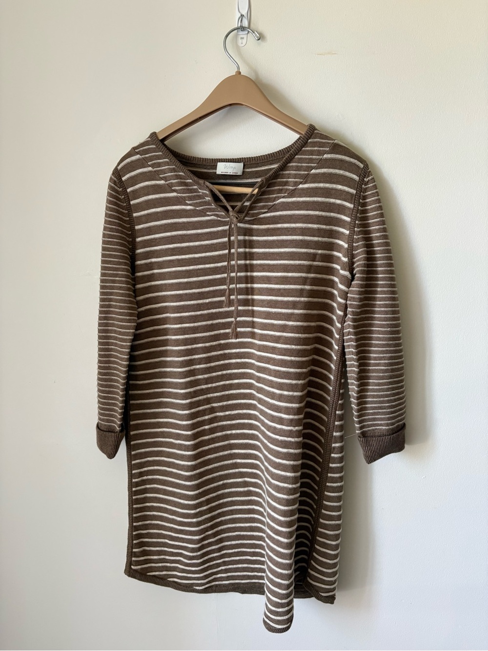 Wrap Designed in London Striped Brown & Cream Lace-Up Knit Tunic 58% linen made